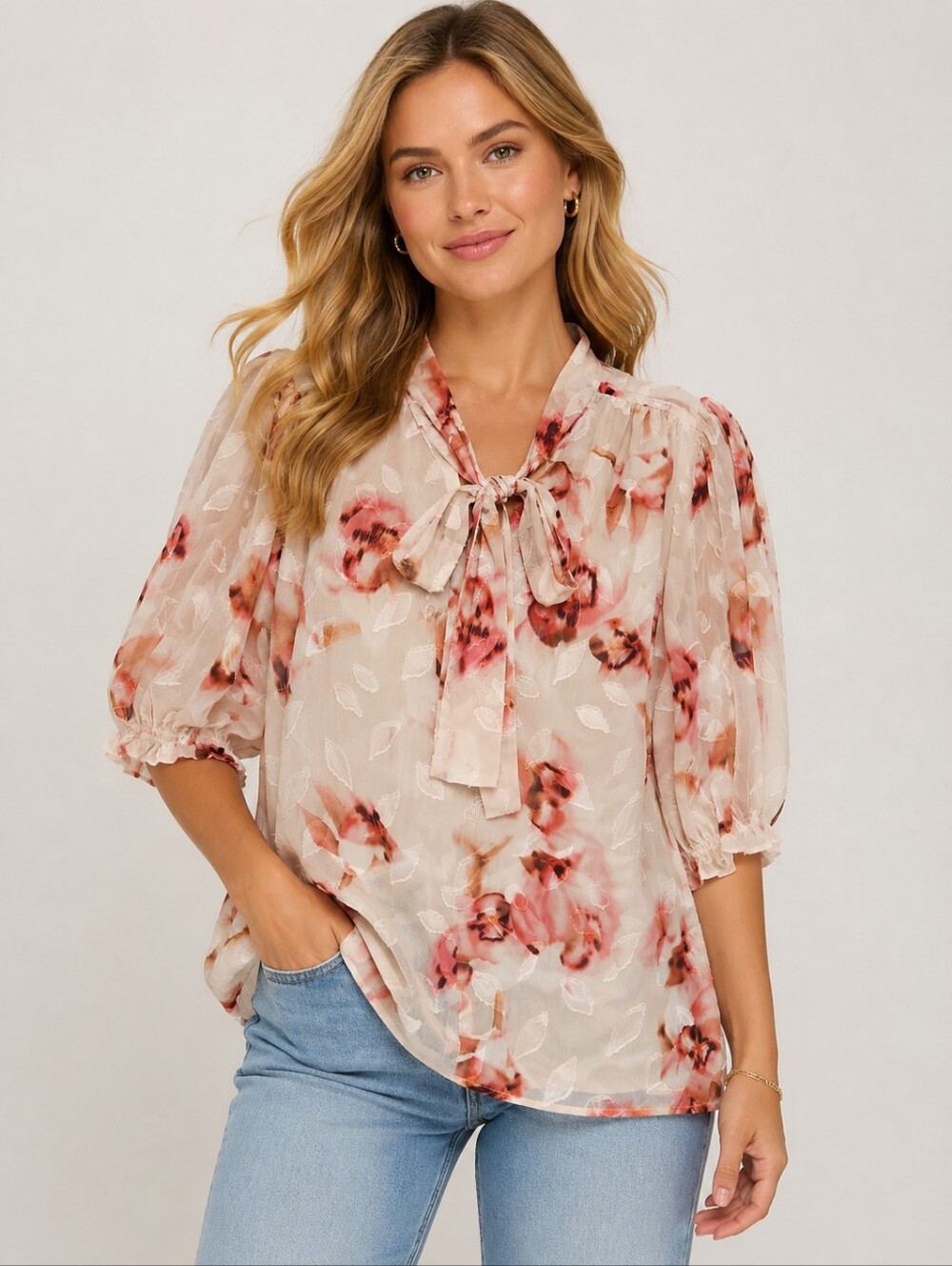 ❤ NWT! CALVIN KLEIN FLOWY FLORAL TIE NECK TOP / BLOUSE, LARGE